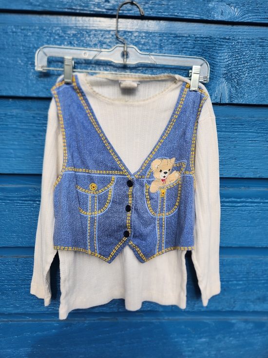 Spumoni Other - Kids RARE Cream Long-Sleeve Top with Blue Faux-Denim Vest and Bear Detail